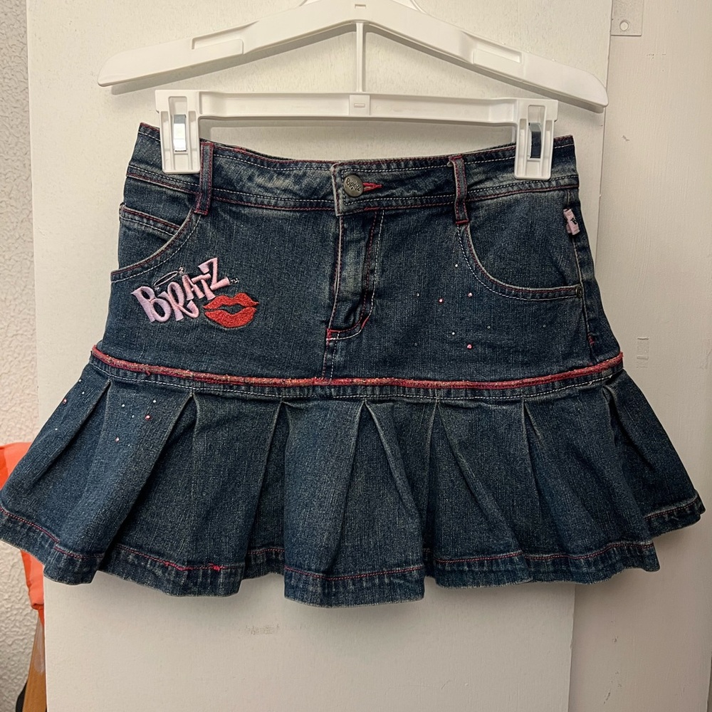 Bratz Dark Denim Pleated Mini Skirt with Pink Embroidery